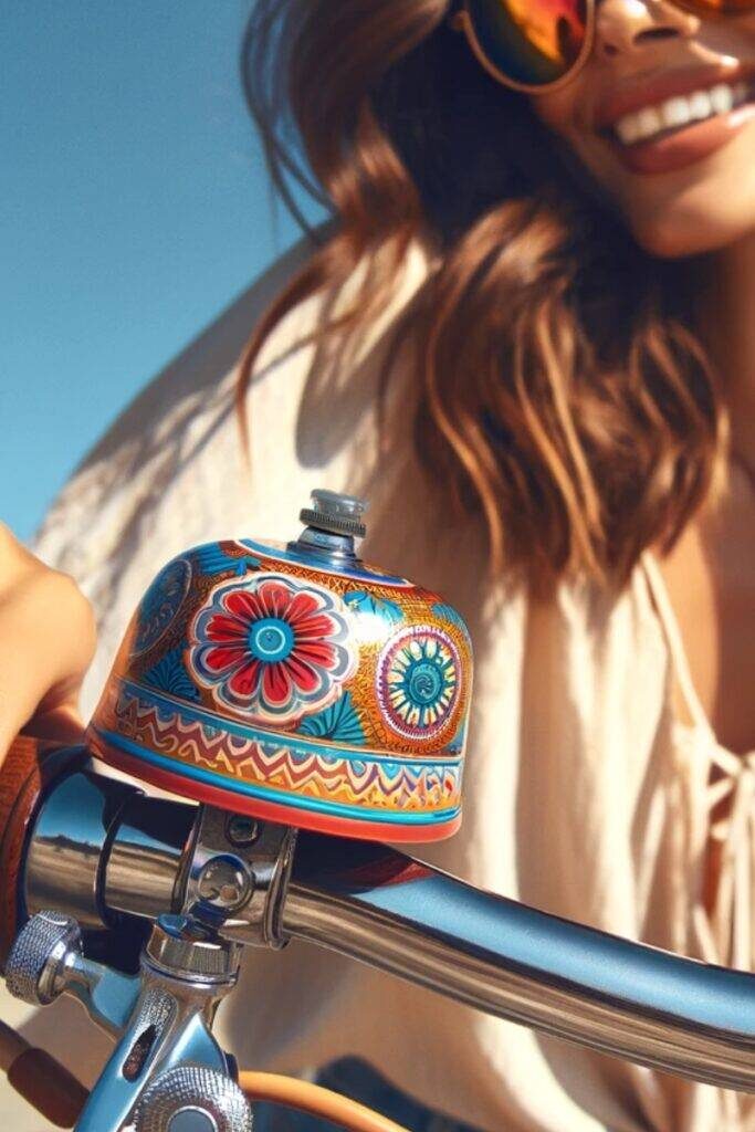 a woman holding onto the handlebars of a bicycle; attached to the handlebar is a colorful bike bell. 