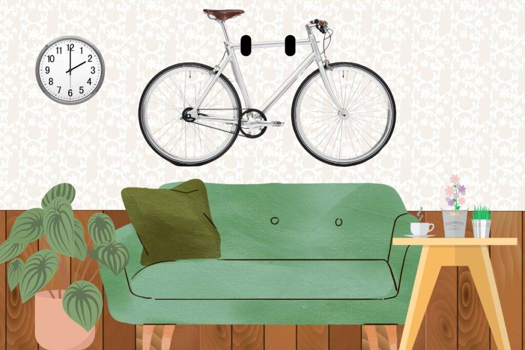 bicycle mounted to wall for art
